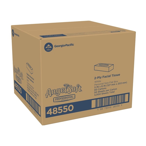 Georgia-Pacific Facial Tissue. Angel Soft Professional Series, 2 Ply, 5 1/2 in x 7 1/4 in, 50 Sheets/Box, 60 Pack - 48550
