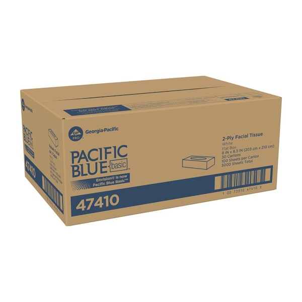 Georgia-Pacific Facial Tissue, Pacific Blue Basic, 2 Ply, 8 in x 8 1/4 in Sheet, Flat Box, 100 Sheets/Box, 30 Pack - 47410