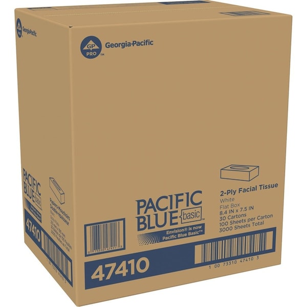 Georgia-Pacific Facial Tissue, Pacific Blue Basic, 2 Ply, 8 in x 8 1/4 in Sheet, Flat Box, 100 Sheets/Box, 30 Pack - 47410