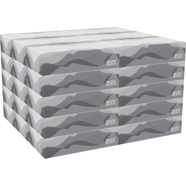 Georgia-Pacific Facial Tissue, Pacific Blue Basic, 2 Ply, 8 in x 8 1/4 in Sheet, Flat Box, 100 Sheets/Box, 30 Pack - 47410