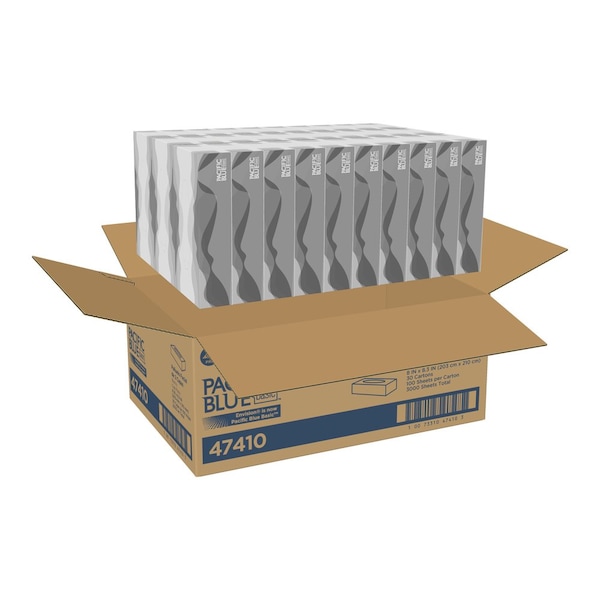 Georgia-Pacific Facial Tissue, Pacific Blue Basic, 2 Ply, 8 in x 8 1/4 in Sheet, Flat Box, 100 Sheets/Box, 30 Pack - 47410