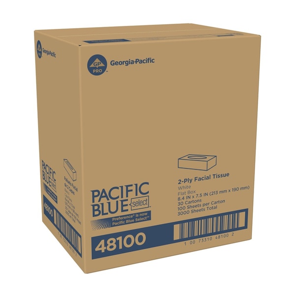 Georgia-Pacific Facial Tissue, Flat, 100 Sheets, 2 Ply, White, 30 PK - 48100