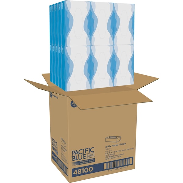 Georgia-Pacific Facial Tissue, Flat, 100 Sheets, 2 Ply, White, 30 PK - 48100