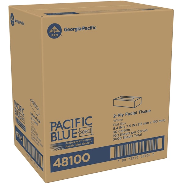 Georgia-Pacific Facial Tissue, Flat, 100 Sheets, 2 Ply, White, 30 PK - 48100