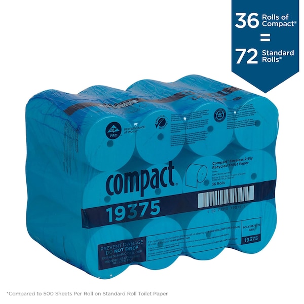 Georgia-Pacific Compact Toilet Paper, 2 Ply, 1,000 Sheets, 333 ft L, Coreless, 36 Pack - 19375