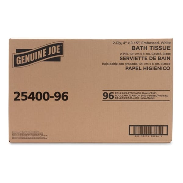 Genuine Joe Standard Bath Tissue, Toilet Paper, 3.15 in x 4 in Sheet Size, 400 Sheets per Roll, White, 96 PK - GJO2540096