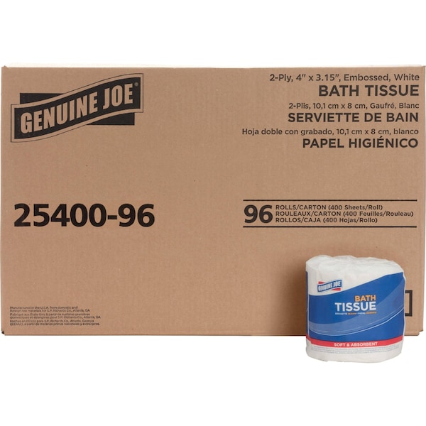 Genuine Joe Standard Bath Tissue, Toilet Paper, 3.15 in x 4 in Sheet Size, 400 Sheets per Roll, White, 96 PK - GJO2540096
