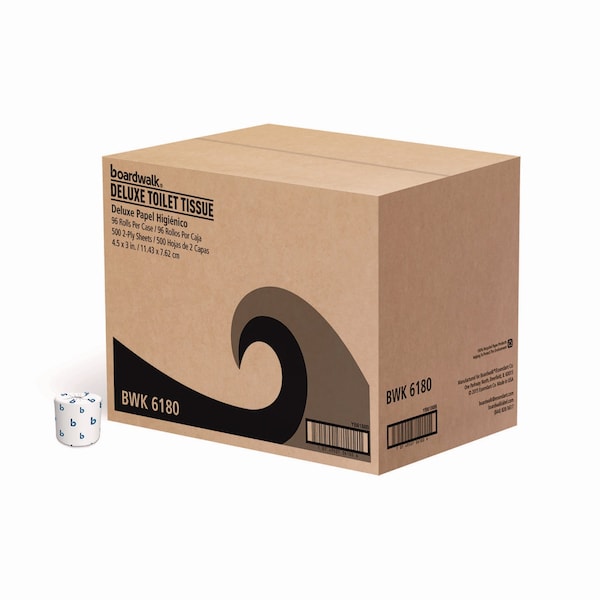 Boardwalk Toilet Paper, 2 Ply, 4 1/2 x 3 in Sheets, 500 Sheets/Roll, White, 96 Pack - BWK6180
