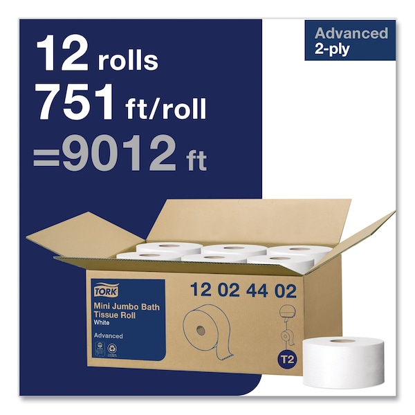 Tork Tork Mini Jumbo Toilet Paper Roll White T2, Advanced, 2-Ply, 12 x 751', 12024402 - 12024402