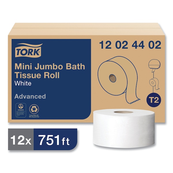 Tork Tork Mini Jumbo Toilet Paper Roll White T2, Advanced, 2-Ply, 12 x 751', 12024402 - 12024402