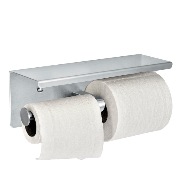 Alpine Industries Universal Brushed Stainless Steel Double Post Toilet Paper Holder with Shelf. - ALP487-B-MK