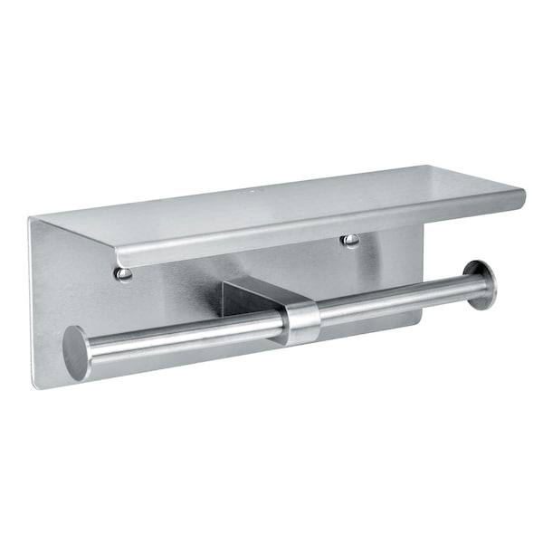 Alpine Industries Universal Brushed Stainless Steel Double Post Toilet Paper Holder with Shelf. - ALP487-B-MK