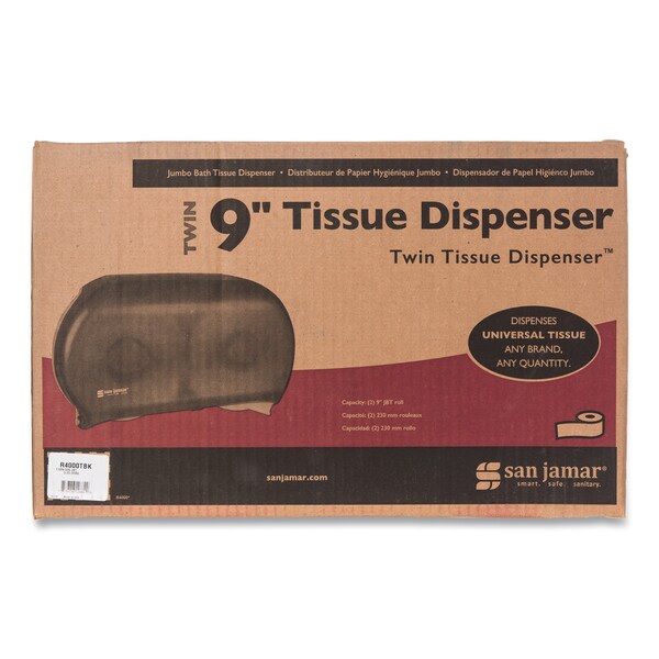 San Jamar Twin 9" Jumbo Tissue Dispenser, 19 x 5 1/4 x 12, Transparent Black Pearl - R4000TBK