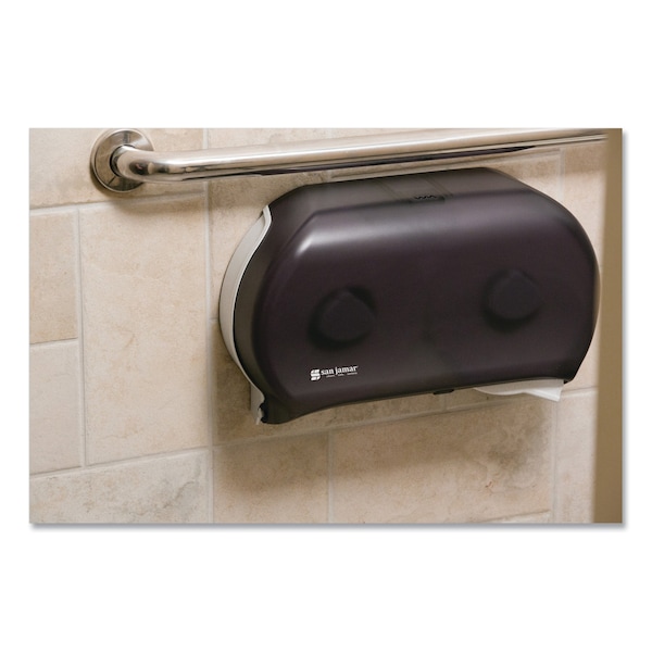 San Jamar Twin 9" Jumbo Tissue Dispenser, 19 x 5 1/4 x 12, Transparent Black Pearl - R4000TBK