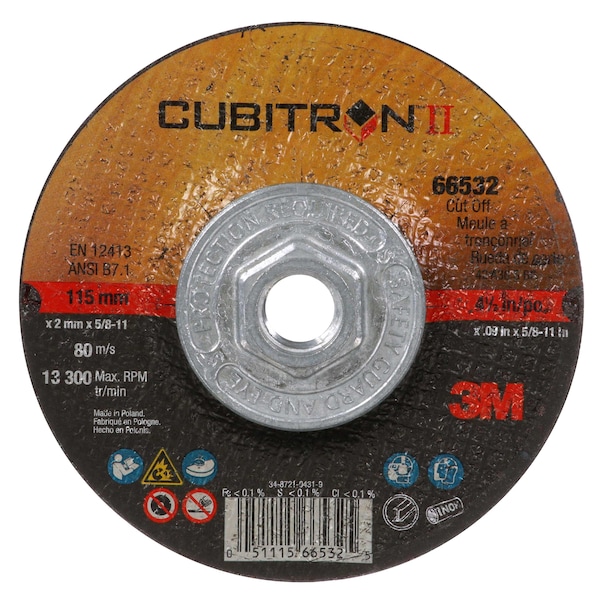 Ruedas de centro deprimido Cubitron de 3M, tipo 27, 4 1/2 pulgadas de diámetro, 0.09 pulgadas de grosor, tamaño de orificio de árbol de 5/8"-11 - 7100247111