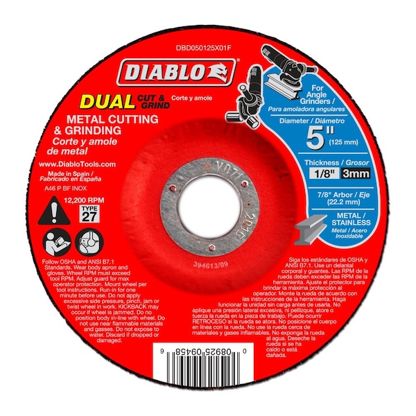 Disco de corte/rectificado Diablo para metal, 5 pulgadas de diámetro, tipo 27 - DBD050125X01F
