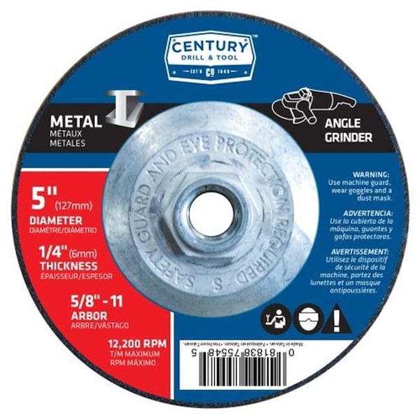 Rueda de esmerilado de metal Century Drill & Tool Tipo 27 - 5 x 0.25 pulgadas - 75548