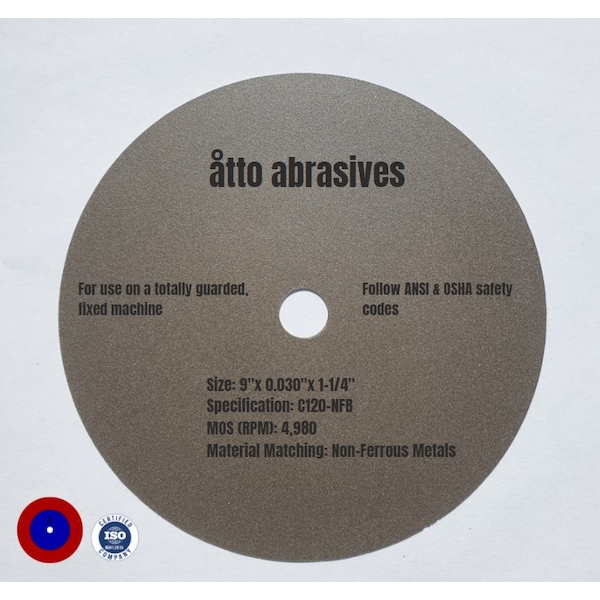 Ruedas de corte ultradelgadas para secciones Atto Abrasives 9"x0.030"x1-1/4" Metales no ferrosos - 1W225-075-SN