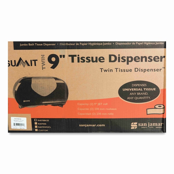 San Jamar Twin Jumbo Bath Tissue Dispenser, 20 1/14x5 7/8x11 9/10, Blk/Faux Stainless Steel - R4070BKSS