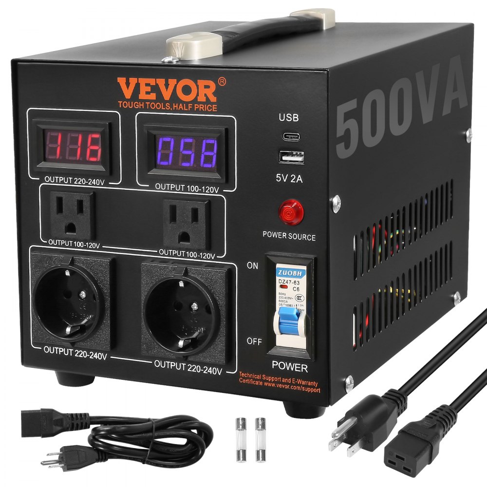 VEVOR Voltage Converter Transformer, 500W, Heavy Duty Step Up/Down Transformer, Convert from 110 Volt to 220 Volt and  from 220 Volt to 110 Volt, with US Outlet EU Outlet 5V USB Port, CE Certified - DYZHQ110V230VU5O6V1