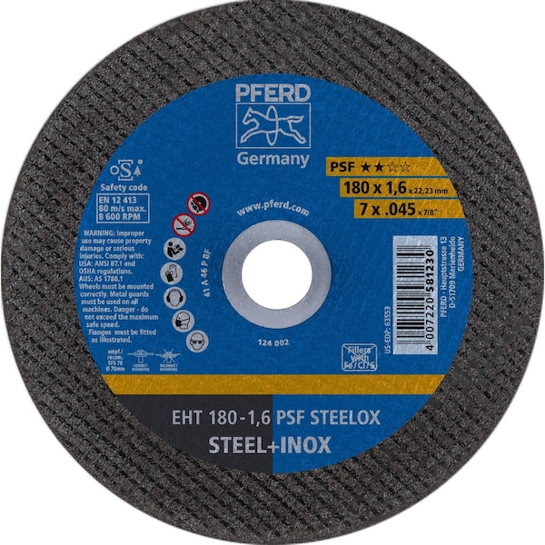 Rueda de corte Pferd 63553 de 7 pulgadas x .045 pulgadas 7/8in AH A46P PSF-INOX Tipo 1 - 63553-PFERD