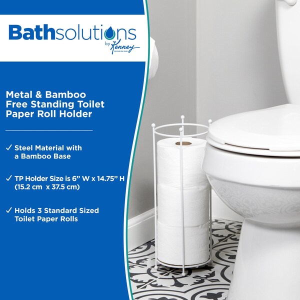 Kenney Mfg Metal & Bamboo Free Standing Toilet Paper Roll Holder, White/Natural - KN61588PS
