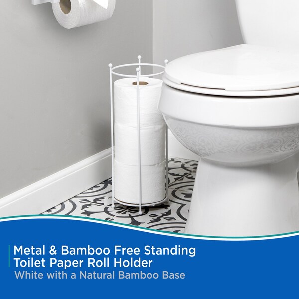 Kenney Mfg Metal & Bamboo Free Standing Toilet Paper Roll Holder, White/Natural - KN61588PS