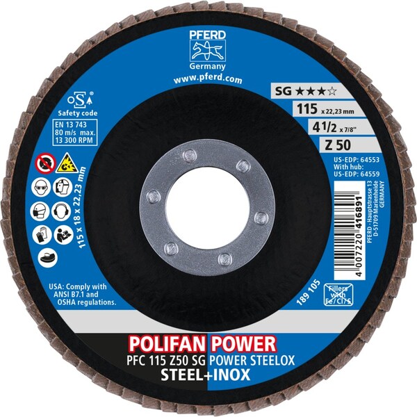 Disco de Láminas Pferd, 4-1/2''x7/8, Z SG POWER STEELOX, 50 Granos, T29, Cónico, Zirconia - 64553
