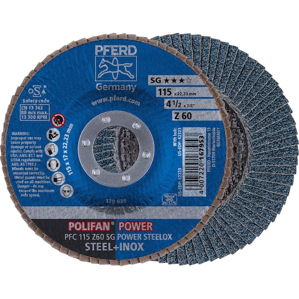 Pferd 62223 4-1/2in x 7/8in Disco de aletas POLIFAN - Cónico SG Zirconia 60G - 62223-PFERD