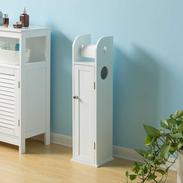 Basicwise White Freestanding Bathroom Toilet Paper Roll Holder with Storage and Extra Slot For Tissue Roll - QI004026.WT