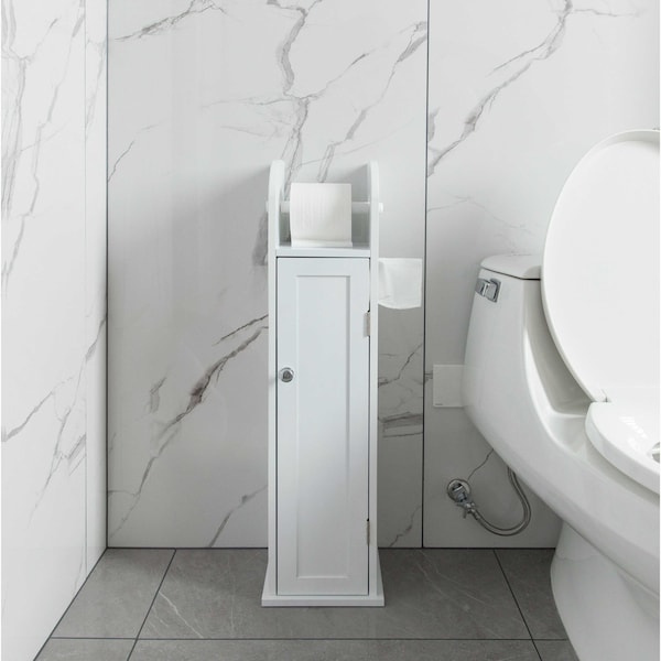 Basicwise White Freestanding Bathroom Toilet Paper Roll Holder with Storage and Extra Slot For Tissue Roll - QI004026.WT