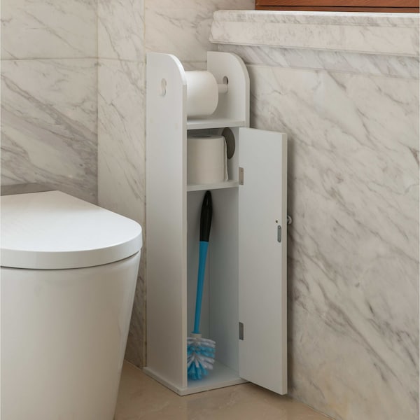 Basicwise White Freestanding Bathroom Toilet Paper Roll Holder with Storage and Extra Slot For Tissue Roll - QI004026.WT