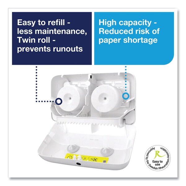 Tork Tork Twin Toilet Paper Roll Dispenser White T7, Coreless High Capacity, Elevation Range, 473200 - 473200