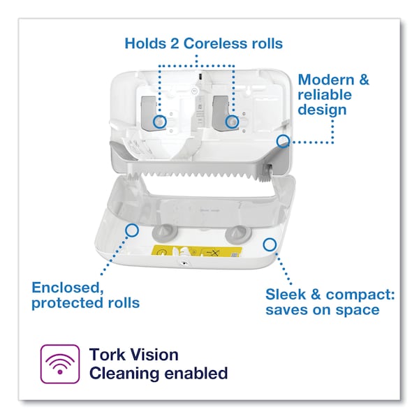 Tork Tork Twin Toilet Paper Roll Dispenser White T7, Coreless High Capacity, Elevation Range, 473200 - 473200