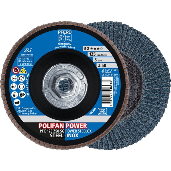 Disco de láminas Pferd, 5''x5/8-11, Z SG POWER STEELOX, 50 Granos, T29, Cónico, Zirconia - 64560