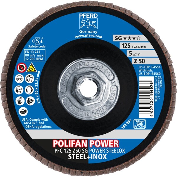 Disco de láminas Pferd, 5''x5/8-11, Z SG POWER STEELOX, 50 Granos, T29, Cónico, Zirconia - 64560