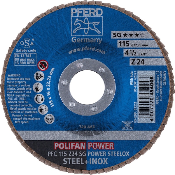 Disco de láminas POLIFAN PFERD 62221 4-1/2in x 7/8in - Cónico SG Zirconia 24G - 62221-PFERD