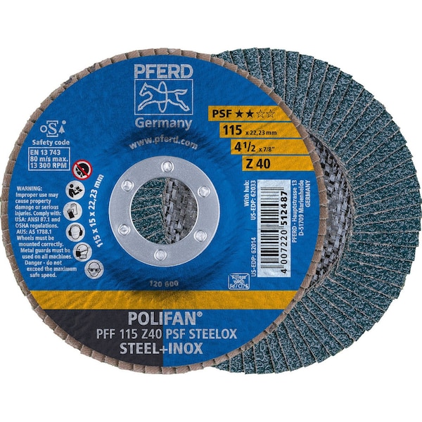 Pferd 62014 4-1/2in x 7/8in Disco de láminas POLIFAN - Plano PSF Zirconia 40G - 62014-Pferd