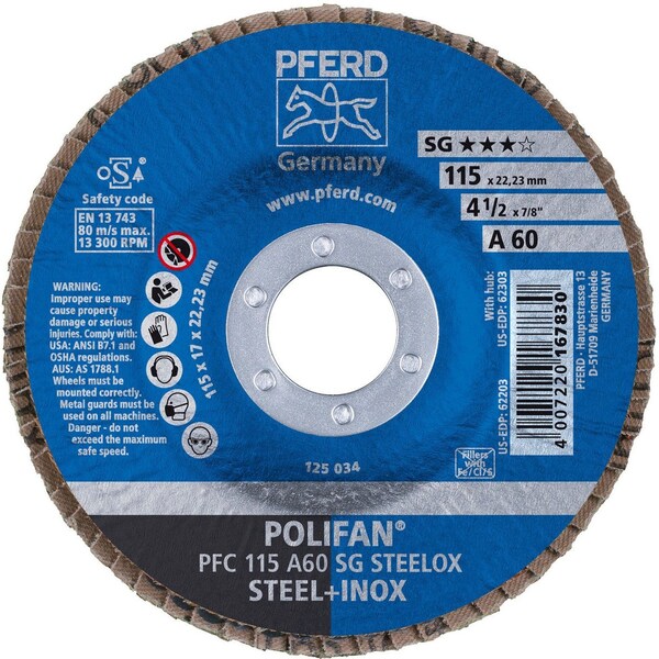 Disco de láminas POLIFAN Pferd 62203 de 4-1/2 pulgadas x 7/8 pulgadas - Cónico SG Óxido de aluminio 60G - 62203-PFERD