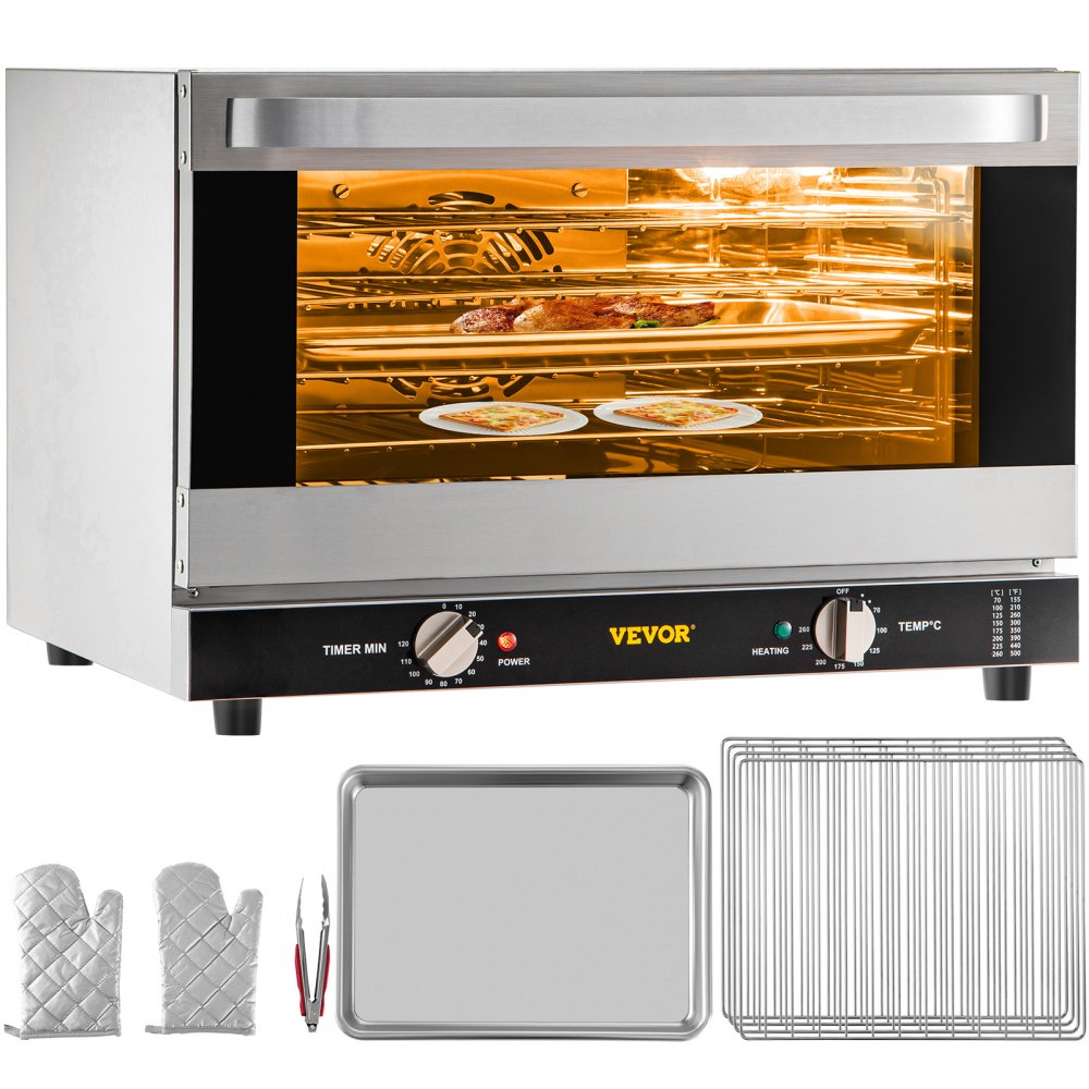 VEVOR Commercial Convection Oven, 47L/43Qt, Half-Size Conventional Oven Countertop, 1600W 4-Tier Toaster w/ Front Glass Door, Electric Baking Oven w/ Trays Wire Racks Clip Gloves, 120V, ETL Listed - RFXHLM40L110V9SYSV1