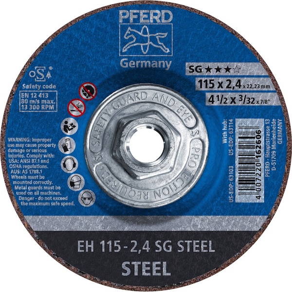 Pferd 63114 4-1/2 pulgadas x 3/32 pulgadas Rueda de corte 5/8-11 Thd. A 46 S SG - Tipo 27 - 63114-PFERD