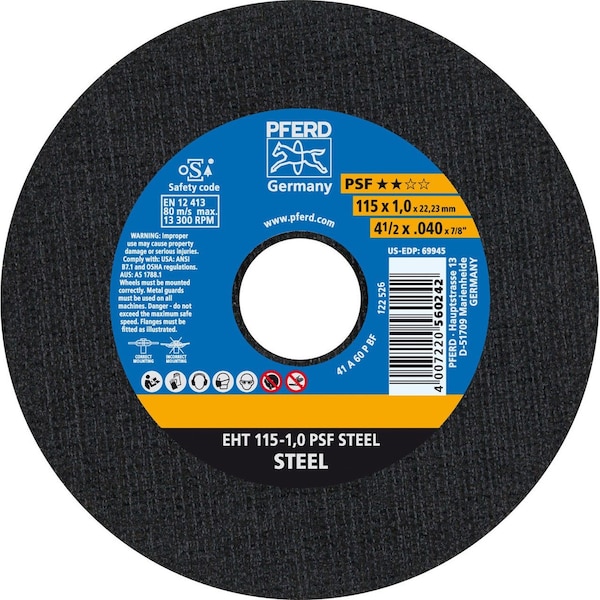 Pferd 69945 4-1/2in x .040in Rueda de corte 7/8in AH A P PSF 60 Grit Tipo 1 - 69945-PFERD