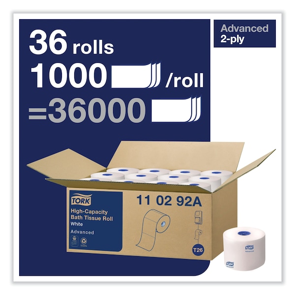Tork Tork High-Capacity Toilet Paper Roll White T26, Advanced, 2-Ply, 36 x 1000 sheets, 110292A - 110292A