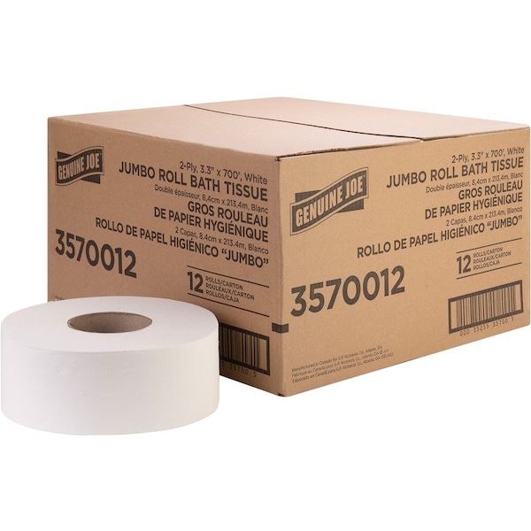 Genuine Joe Jumbo Jr Dispenser Bath Tissue Roll - 2 Ply - 3.3in x 700' - 8.88in Roll Diameter - White, 12PK - GJO3570012