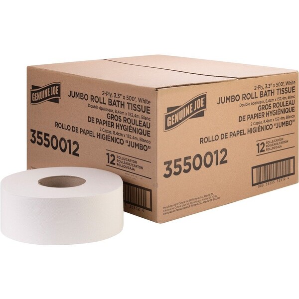Genuine Joe Jumbo Jr Dispenser Bath Tissue Roll - 2 Ply - 3.3in x 500' - 8.88in Roll Diameter - White, 12PK - GJO3550012