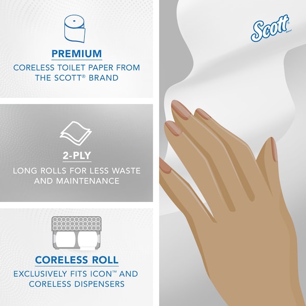 Kimberly-Clark Professional Coreless High-Capacity Standard Roll Toilet Paper, 2-Ply, White, (1,000 Sheets/Roll, 36 Rolls) - 04007