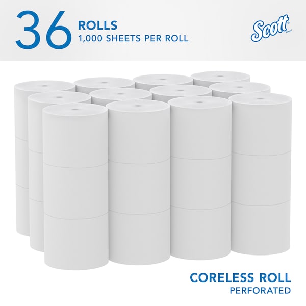 Kimberly-Clark Professional Coreless High-Capacity Standard Roll Toilet Paper, 2-Ply, White, (1,000 Sheets/Roll, 36 Rolls) - 04007