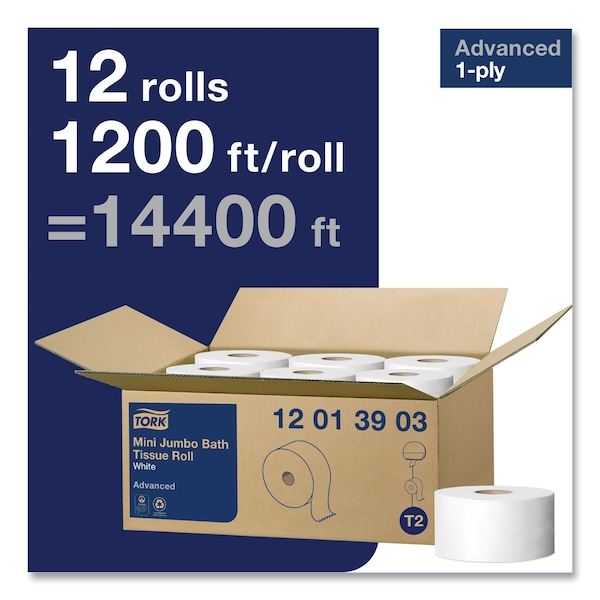 Tork Tork Mini Jumbo Toilet Paper Roll White T2, Advanced, 1-Ply, 12 x 1200', 12013903 - 12013903