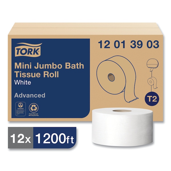 Tork Tork Mini Jumbo Toilet Paper Roll White T2, Advanced, 1-Ply, 12 x 1200', 12013903 - 12013903