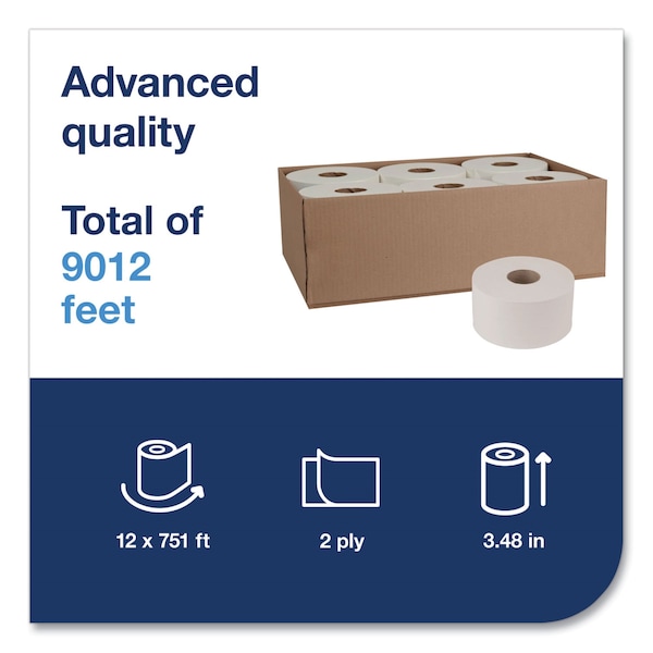Tork Advanced Jumbo Bath Tissue, Septic Safe, 2-Ply, White, 3.48in x 751 ft, 12PK - 11020602